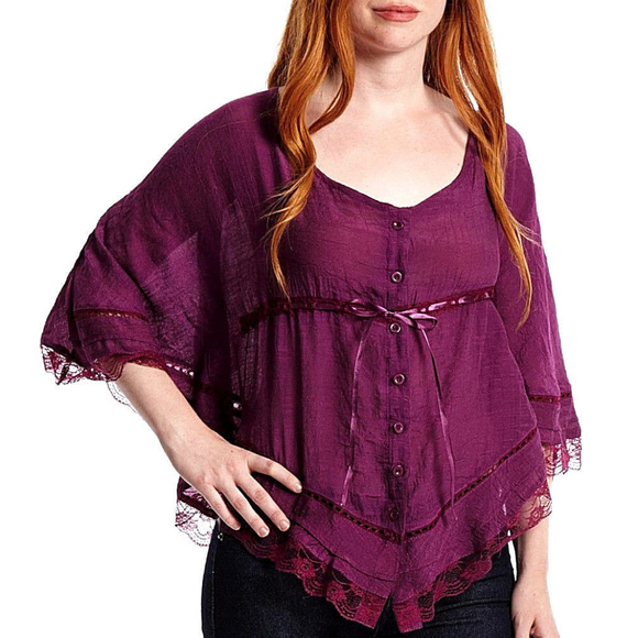 EMpiRE WAiST PLUM TOP RiBBoN LAcE Cape Bat Sleeve - Picture 2 of 3